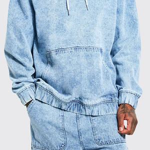 Calidad Premium personalizado Sky Stone Washed Men Denim Pullover Hoodies con forro de algodón y bolsillo de canguro para la venta - Product Image 4