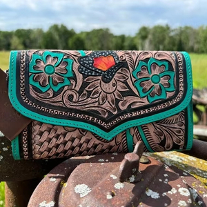 ABC GLOBAL EXIM Genuine Western Style Leather Turquoise <b>Purse</b> Wallet <b>RFID</b> Protection Fashion-Style Tooled Floral Wristlet All - Product Image 1