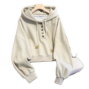 Sudadera con Capucha de Punto para Mujer, Nueva Colección Otoño Invierno, con Botones Decorativos, Forro de Terciopelo, Gruesa, Holgada, de Manga Larga - Product Image 6