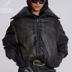 YuFan jaqueta de praia de couro PU para mulheres, casaco de gola alta de malha para marinha, impermeável, personalizada para o ODM 2024