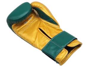 Fabrication sur mesure en usine, gants de boxe professionnels en cuir véritable vert et or avec fermeture velcro, gants de boxe MMA - Product Image 4