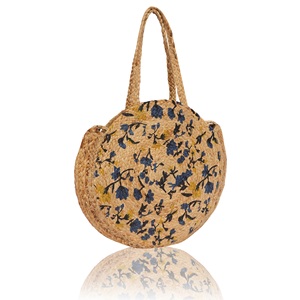 Sac cabas rond en paille style bohème avec imprimé floral, taille moyenne, sac de plage avec poignée en corde - Product Image 1