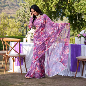 คอลเล็คชั่นส่าหรีสไตล์บอลลีวู้ดแบบดั้งเดิมของผู้หญิงผ้ามาร์บอลสวมใส่สบายพิมพ์ลายดิจิตอลชุดปาร์ตี้สไตล์อินเดีย - Product Image 1