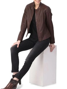 แจ็คเก็ตหนังแกะสีน้ำตาลเข้มสำหรับผู้หญิง ระบายอากาศได้ดี แบบเย็บติดกัน มีซิป ทรงนักแข่ง บุด้วยผ้าฝ้าย - Product Image 2