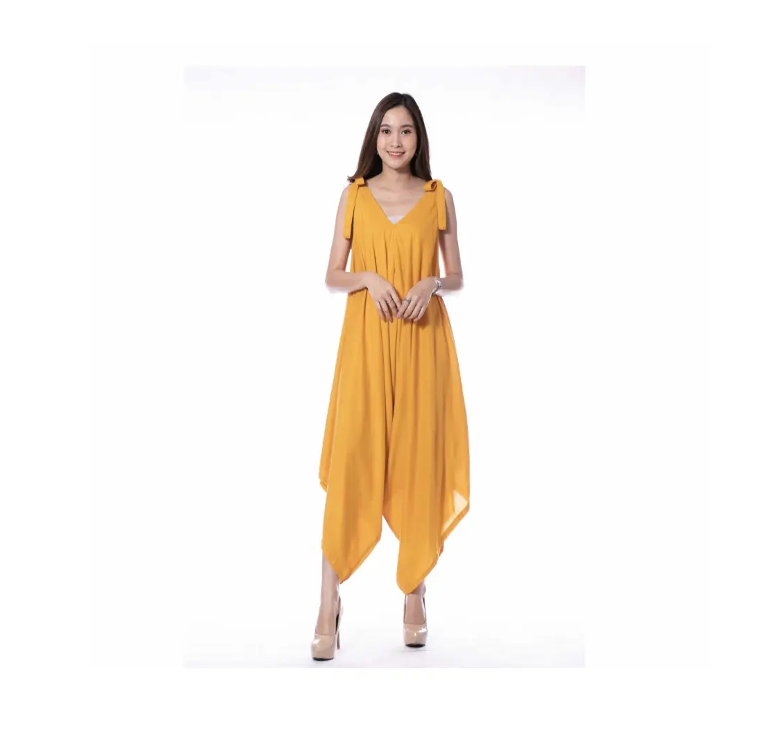 Gaun Wanita Boho Kasual Grosir untuk Musim Panas dan Musim Semi Warna Kuning Celana Kaki Terbuka Lebar dari Thailand