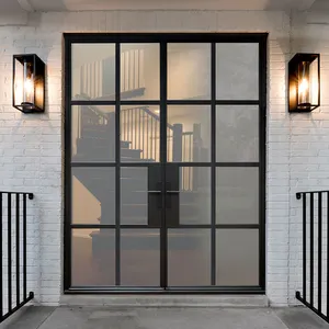 Custom outdoor main entrance metal door french style exterior front entry black color double leaf steel frame and glass doors