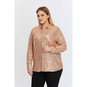 RMG Plus Size Elegant Bronze <b>Sequin</b> Embellished Woven Blouse Shirt for Women - Comfortable Loose Fit Long Sleeve <b>Top</b> - Product Image 3