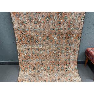 Vintage Rug 3.9x8 ft, <b>Brown</b> Green Striped <b>Wool</b> Turkish Rug - Product Image 2