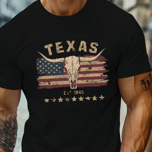Camiseta de manga corta con cuello redondo y estampado de calavera de vaca Texas longhorn, informal, holgada, 100% algodón, para hombre, verano - Product Image 1