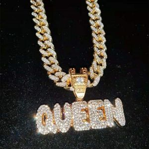 Us7 — collier à chaîne en or avec pendentif pour femme, fait à la main, style Hip Hop, streetwear bling-bling, QUEEN, véritable diamant - Product Image 3