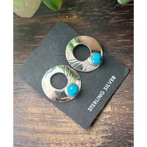 Jon Begay Kingman <b>Turquoise</b> & Diamond <b>Stud</b> <b>Earrings</b> with Sterling Silver Geometric Bezel Setting for Party or Gift - Product Image 2