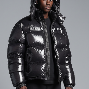 Veste en toile oversize tendance à capuche imperméable épaisse noire brillante pour homme, automne et hiver - Product Image 5