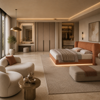 Solution de mobilier de chambre à coucher en bois flottant avec LED personnalisées, lit moelleux orange, armoire, matelas, table de chevet, coiffeuse, panneau mural, pour hôtel