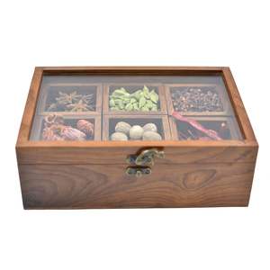 Caja de especias de madera clásica Masala Dabba/Masala Dani Set Cocina con diseño étnico impreso en madera Siete especias de acero dorado - Product Image 5