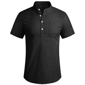 Summer Mens Casual Stand Collar Solid Color Short Sleeve Cotton Lightweight Shirt Trendy Breathable Loose Basic Pocket <b>Tops</b> - Product Image 3