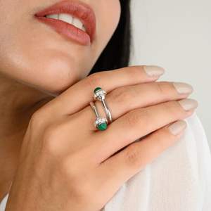 Bague haut de gamme en or blanc massif 18 carats Passe de conception fantaisie ouverte avec malachite et diamant de taille ronde naturelle pour le mariage des femmes - Product Image 4