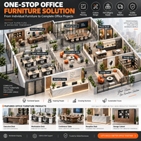 Solution complète de mobilier de bureau pour projets, incluant bureau de direction, postes de travail en équipe, salle de réunion, réception, salon et espace de rangement