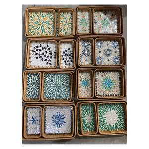 Plateau en rotin avec travail en nacre rond, tendance moderne, luxe, design exceptionnel, idéal pour la vaisselle, le service de nourriture, les bonbons, la décoration - Product Image 6