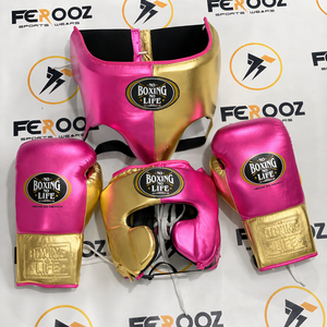 ชุดอุปกรณ์มวย MMA สีขาว/ทอง ยี่ห้อ No Boxing No Life ประกอบด้วยนวมหนังแท้แบบผูกเชือก ที่จับมือ ที่ครอบแก้ม ที่ครอบศีรษะ และที่ครอบอวัยวะเพศ - Product Image 2