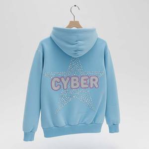 Custom Logo Rhinestone Star Zip Pullover Hoodie <b>Y2K</b> Cyber Bubble Letters Baby Blue Unisex Winter <b>Streetwear</b> 100% Cotton Fleece - Product Image 6