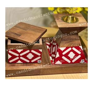 Boîte à encens Bakhoor arabe traditionnelle faite à la main avec incrustation d'os et conception exquise d'incrustation de nacre 3 pièces ensemble de boîte-brûleur - Product Image 1