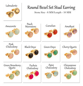 <b>Minimalist</b> round gemstone <b>jewelry</b> stud cabochon aqua chalcedony push back stud earring wholesale brass <b>jewelry</b> gold plated studs - Product Image 2