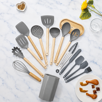 Ustensiles de cuisine antiadhésifs avec manche en bois, ensemble de 15 ustensiles de cuisine en silicone, spatules avec support