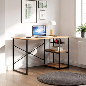 Bureau de jeu moderne en métal et bois, poste de travail à domicile avec étagère de rangement, table d'étude, bureau d'ordinateur - Product Image 5