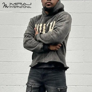 Meilleure qualité français éponge acide lavé en détresse broderie sweats à capuche 100% coton tenue décontracté pour hommes automne en gros - Product Image 5