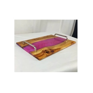 Bandeja de servicio de mesa de madera y resina de la mejor calidad con mango de metal para el hogar bandeja de servicio de comida hecha a mano de madera y resina - Product Image 2