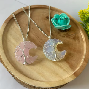 Venta al por mayor, la mejor calidad, hecho a mano, grabado, cuarzo rosa, ágata, árbol, vida, collar, luna creciente, flor, estilo Feng Shui - Product Image 1