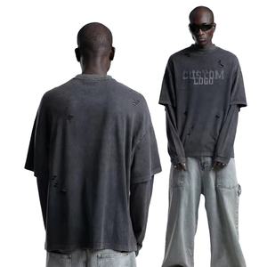 Sudaderas Personalizadas de Algodón 300gsm para Hombre, Estilo Urbano, Vintage, Lavado Ácido, Oversize, Desgastadas, Manga Larga Doble, Diseño Liso - Product Image 1