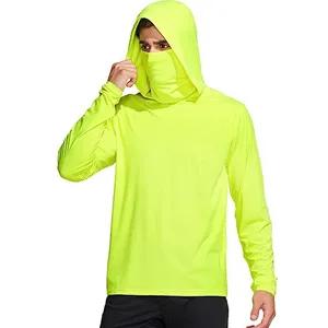 Men's <b>Neon</b> Yellow UPF 50 Long Sleeve Hoodie Pullover Sun Protection Shirt Anti-Chafing Curved Hem Fishing Wear - Product Image 3