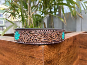 Collier de chien Western en cuir torsadé imprimé fleur Turquoise pour le cou collier de chien réglable en cuir véritable gravé rembourré pour animal de compagnie - Product Image 4