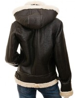 Blouson bombardier classique en cuir marron peau de mouton pour femme, avec capuche en fourrure de mouton, b-3