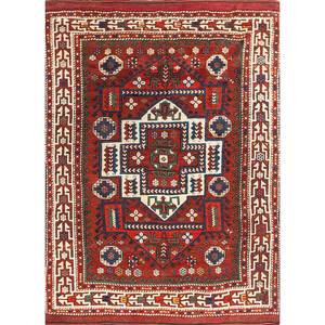 Alfombra de lana anudada a mano Aalam Paem-125 color marfil con medallón abstracto para sala de estar, entrada, pasillo, rectangular, tipo rompecabezas, para adolescentes - Product Image 1