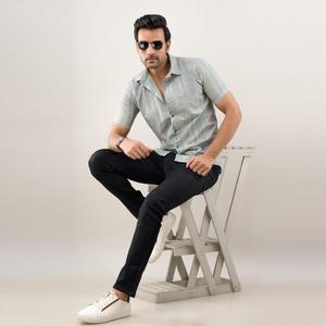 Chemise décontractée bleu grisâtre pour homme, col mandarin, 100 % coton, tissu popeline respirant, coupe classique, pour le bureau, saison estivale - Product Image 1