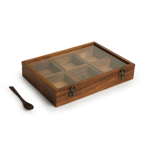 Masala Blends Handcrafted Spice Box With Spoon In Sheesham Wood 6 Large Containers spice container with spoon wooden - Product Image 6