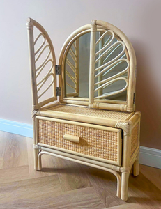 Rattan <b>Makeup</b> <b>Mirror</b> Vanity Table With Drawer Arch Shape Bohemian Style Handmade For Home Use - Product Image 2
