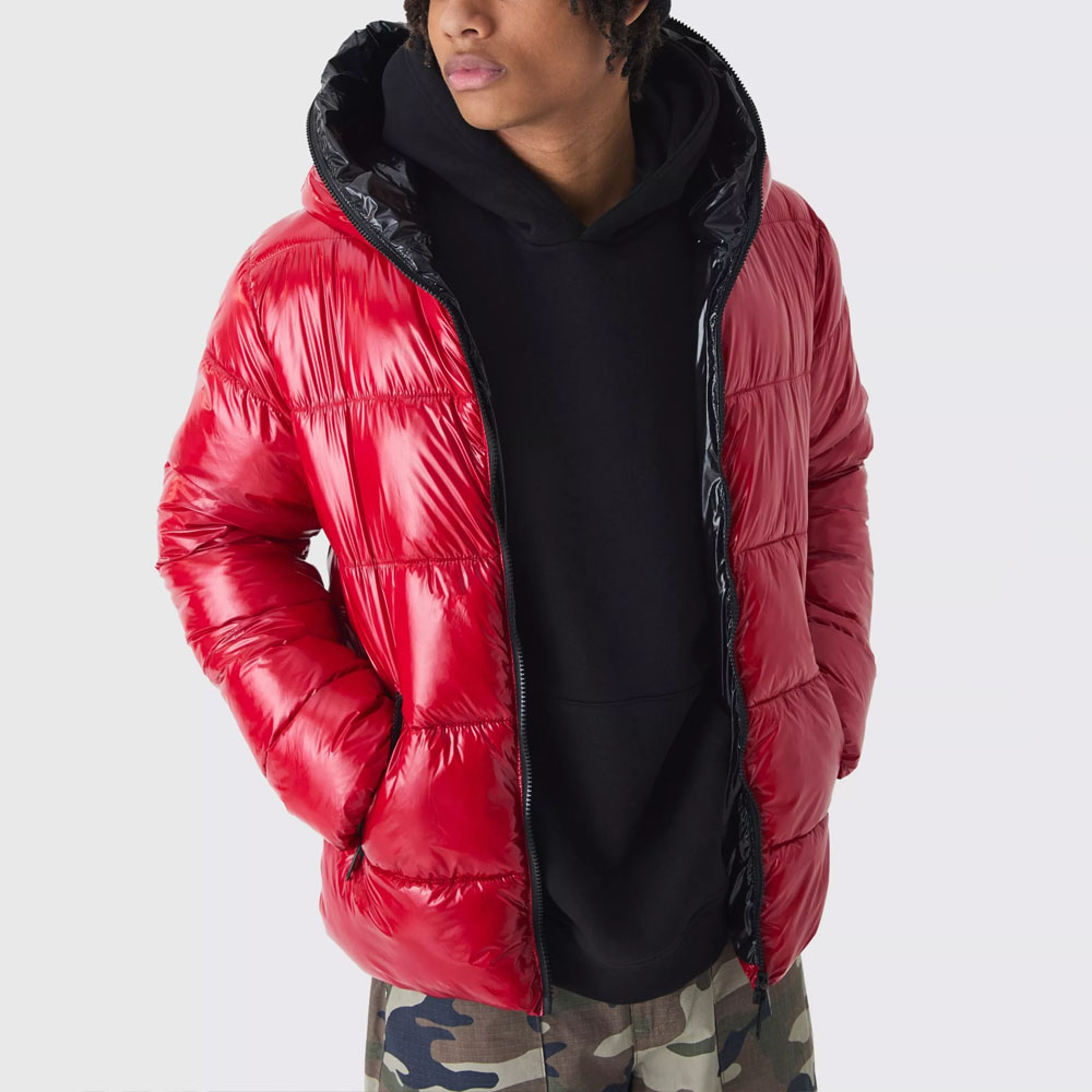 Short Red Puffer Jacket With Asymmetrical Zipper Asymmetrical