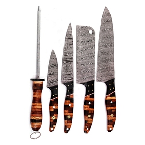 Vente en gros personnalisé OEM ODM coutellerie artisanale ensemble de couteaux de chef damas ensemble de couteaux de cuisine manche en bois et couverture en cuir - Product Image 4