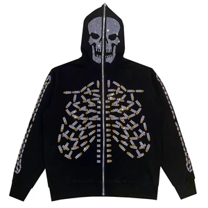 Venta caliente esqueleto estilo Rhinestone esqueleto cara completa Zip Hoodie Streetwear peso pesado Full Zip up Hoodie para hombres mujeres - Product Image 1