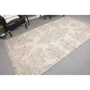 <b>Vintage</b> Beige & Green Turkish Wool <b>Rug</b> 5.5 X 9.4ft Flat Weave Patchwork Design for Living Room Decorations - Product Image 3