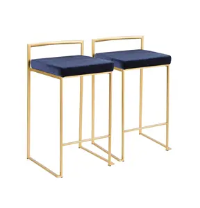 whole sale price Counter Stool Gold Metal Set of 2 (Blue Velvet) luxury design set of 2 Hand carved Brass