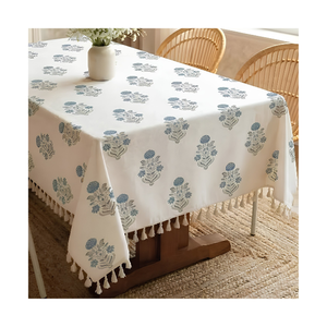 Mantel con Estampado Índigo Disperso y Borde de Borlas, Estilo Artesanal, para Comedor, Pedidos al por Mayor, Producción Textil Personalizada, India - Product Image 1
