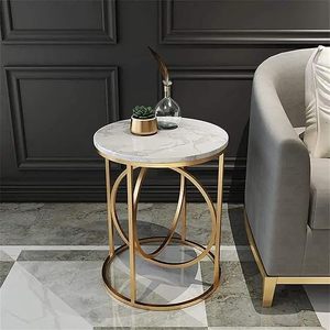 Luxury Iron Frame Wooden top Coffee Table <b>Small</b> <b>Sofa</b> End Table Modern Round Side Table for Living Room <b>Bedroom</b> (Gold & White) - Product Image 4