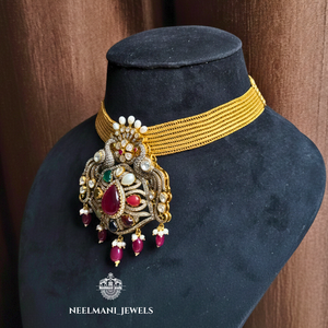 Big Navratna Peacock Pendant with <b>Ruby</b> Bezel Setting Inlay Technology - Product Image 2
