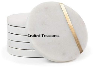 Juego de 6 posavasos de mármol con incrustaciones de latón Cross Line, posavasos inteligentes de mármol blanco natural y dorado hechos en la India - Product Image 3