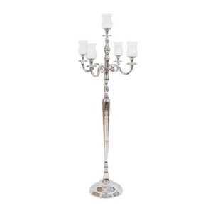 Brass Antique Aluminium Embossed Designer 5 Arms Silver Plated Candelabra for Exports From India for <b>Wedding</b> Centrepiece Hotels - Product Image 5
