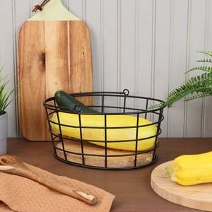 Panier de rangement en métal avec base en bois Panier à fruits et légumes pour organisateur de cuisine panier noir - Product Image 3